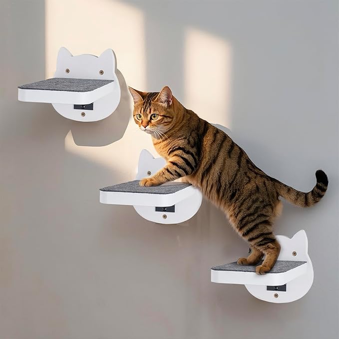 ESPETS White Painted Wooden Cat Wall Floating Steps Set of 3 - Wall Mounted Cat Floating Furniture Shelves and Perches, Sturdy Climber Stairs Ladders - Holds up 30lbs-PawvioPets