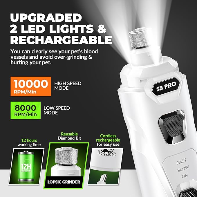 Dog Nail Grinder with 2 LED Lights Powerful 2 Speeds Super Quiet Dog Nail Trimmers with 3 Grinding Wheels Rechargeable Pet Dog Nail Clippers for Large Medium Puppy Dogs Dog Nail File Cat Nail Clipper-PawvioPets