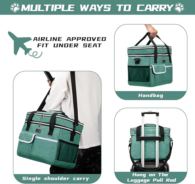 BAGLHER Dog Travel Bag for Supplies - Double-Layer Airline Approved Weekend Pet Travel Organizer Set for Dog and Cat Tote with 2 Pet Food Containers and 2 Collapsible Silicone Bowls Green-PawvioPets