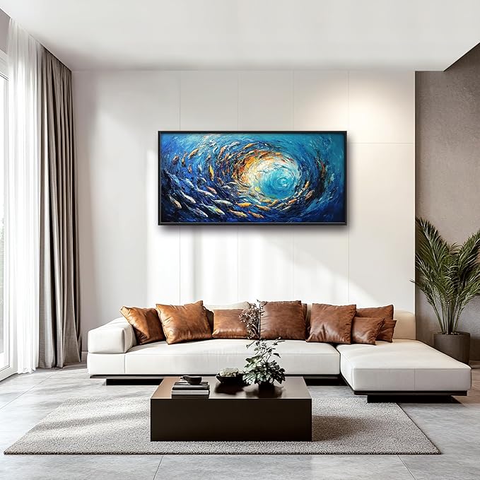 Extra Large Framed Abstract Ocean Fish Wall Art,Oversized Blue Sea Nautical Fish Wall Decor Pictures for Living Room,Canvas Print Painting Modern Artwork Bedroom Office Bathroom Home Decor 60L x30W-PawvioPets