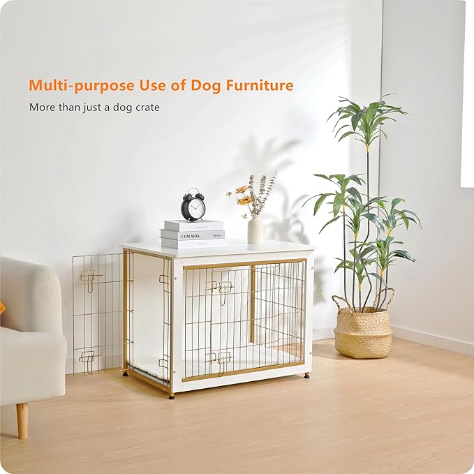 DWANTON Dog Crate Furniture with Cushion, Wooden Kennel Table with Double Doors, Indoor Dog House, Medium Size, 32.5" L, White-PawvioPets