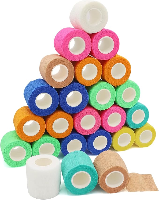 California Basics, Self Adhesive Bandage Wrap, 2 Inch by 5 Yards Non Woven Cohesive Bandage Rolls, 24 Pack, Vet/Stretch Wrap, Multi Colored Neon Medical Athletic Tape for Wrist, Waterproof-PawvioPets