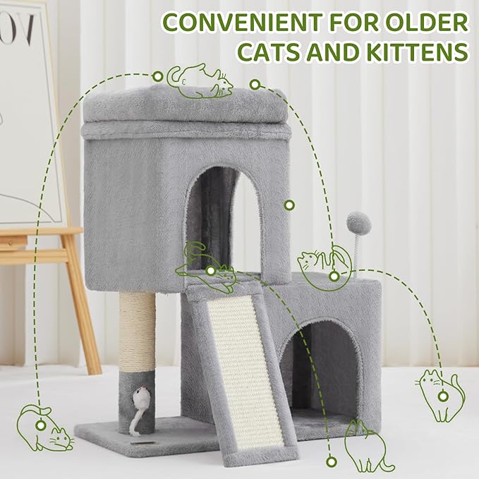 24inch Tall cat Tree with 2 cat condo and Mouse Toy Cozy Small cat Tower with Scratching Post and Board for Kitties and Small Cats.（Light Grey）-PawvioPets