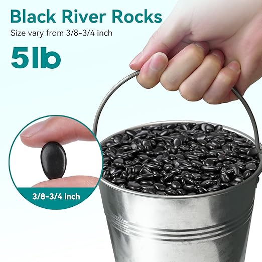 5 lbs Black Pebbles for Indoor Plants, 3/8" Small Rocks for Plants Indoor, Succulent, Bamboo, Vase, Decorative Black River Rocks Pea Gravel, Highly Polished-PawvioPets
