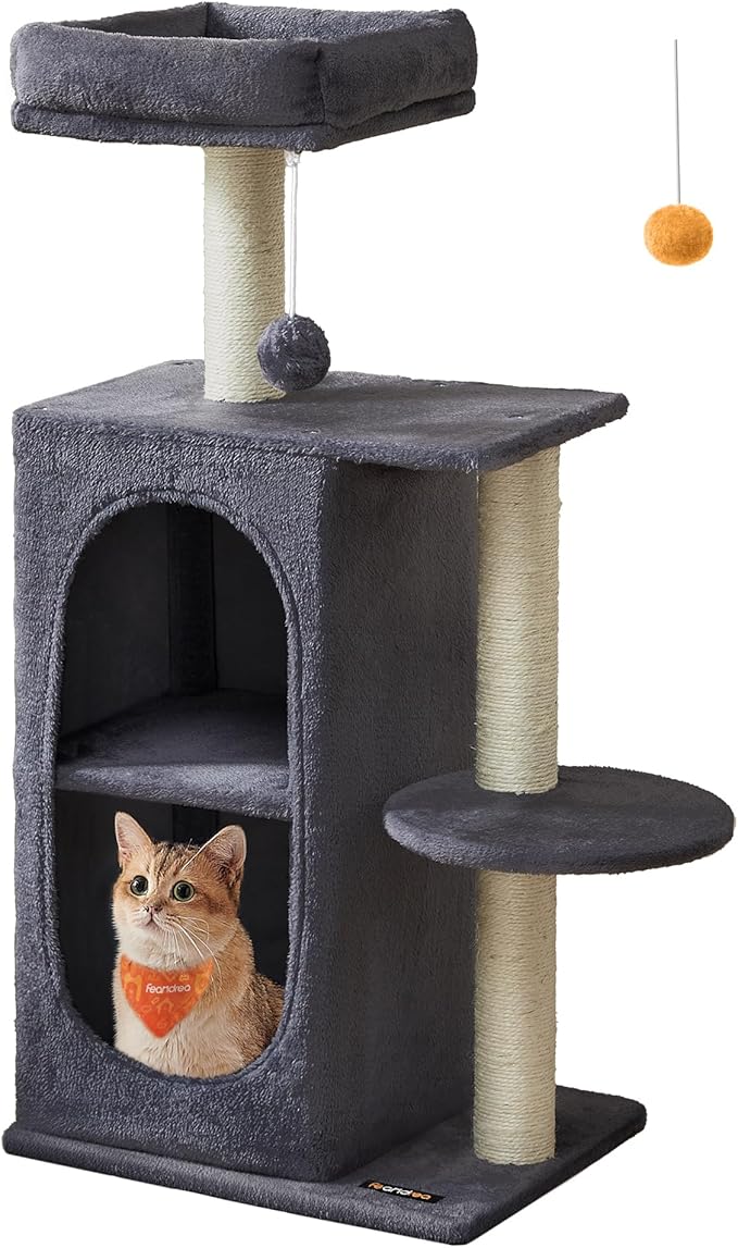 Feandrea Cat Tree Tower with 2 Caves for Multi-Cat Households, Kittens, Scratching Posts, Dark Gray UPCT005G02-PawvioPets