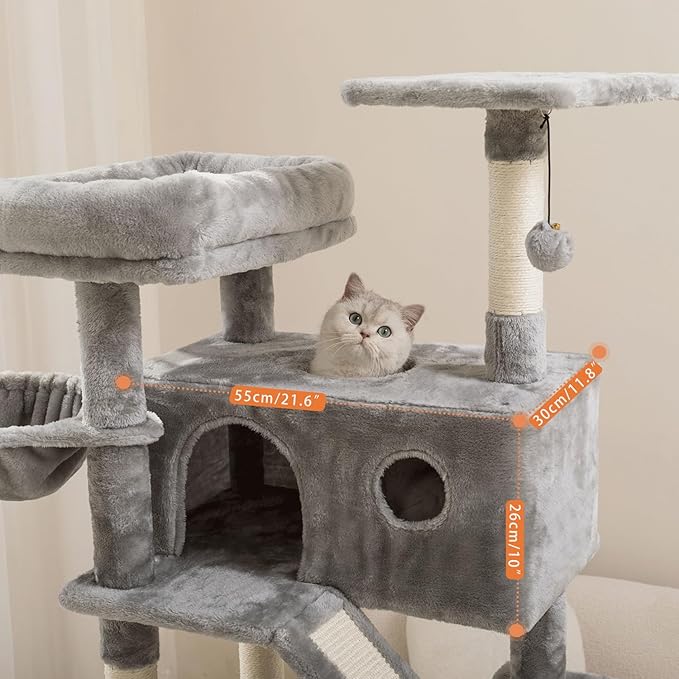 73 inches Large Cat Tree for Indoor Cats, Tall Cat Tower with Sisal Scratching Posts and Pads, Padded Plush Perch, Cozy Basket, Plush Condo for Large Cats (Grey)-PawvioPets
