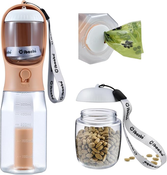 Dog Water Bottle with Food Container & Poop Bag Holder, Travel Water Bowl, Portable Pet Dispenser, Dog Stuff Accessories Items, Puppy Essentials Necessities for Yorkie Chihuahua Walking Hiking-PawvioPets