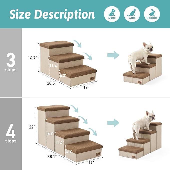 Dog Stairs with Storage, 4-Step Wider Sturdy Dog Steps for Small/Medium/Large Dogs and Older Cats, Folding Doggie Ramp for Bed/Couch/Car Hold Up to 180 lbs (22" H, Brown)-PawvioPets