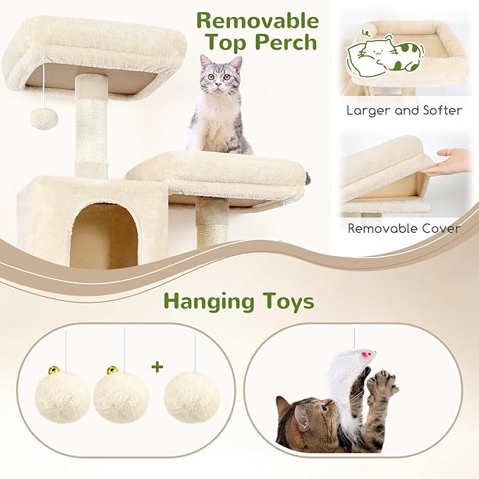 Globlazer Cat Tree Tower, 76-Inch Extra Tall Multi-Level Cat Furniture with Cozy Condos, Hammock and Perches for Adult Cats, Perfect for Climbing, Scratching, and Play, F76, Beige-PawvioPets