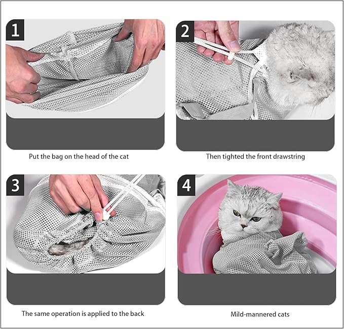 8 Piece Cat Grooming Supplies ，Adjustable Multifunctional Anti-Bite Shower net Bag，Cat Claw Covers，Cat Bath Brush and Cat Nail Clipper(Grey-B)-PawvioPets