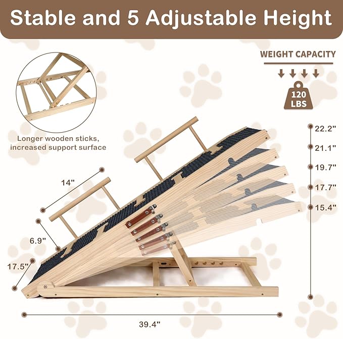 Dog Ramp for Bed, Non-Slip Pet Ramp with 5 Adjustable Heights, Portable Foldable Wooden 40" Long Pet Stairs for Small & Large Old Dogs & Cats - Lightweight & Easy Storage-PawvioPets