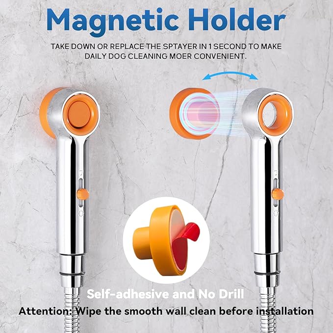 Dog Shower Attachment, 3 Mode Handheld Sprayer with ON/OFF Switch, G1/2" Metal Diverter, 100 Inches Stainless Steel Hose, No Drill Holder, for Pet and Dog Washing in Bathroom-PawvioPets