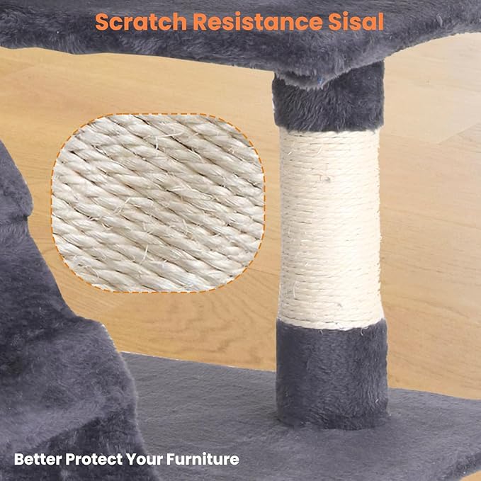 54.7 inches Cat Tower for Indoor Cats Multi-Level Cat Condos for Cat Tree Cat Climbing Tower with Scratching Posts, Hanging Toys,Ashy-PawvioPets