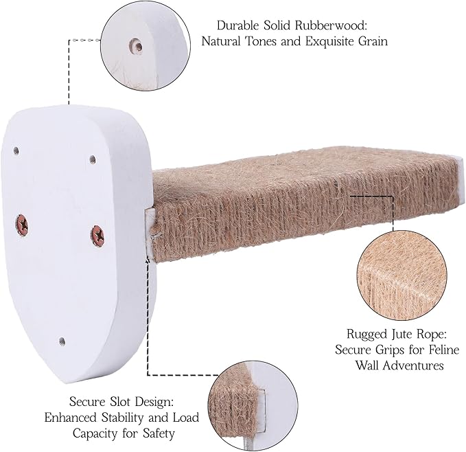 3pcs Wall Mounted Cat Steps, Climbing Furniture, Shelves With Hemp Rope Covered, Solid Wood Ladder for Playing and Climbing (Standard-White)-PawvioPets