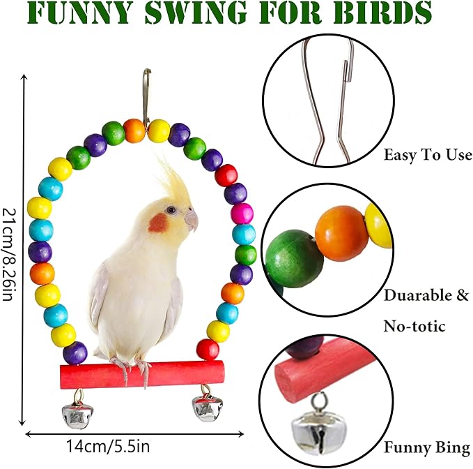 Bird Parakeet Cockatiel Toys, ESRISE Parrots Cage Hammock Swing Climbing Ladders Wooden Perch Chewing Toy for Budgerigar, Conures, Love Birds, Budgies-PawvioPets