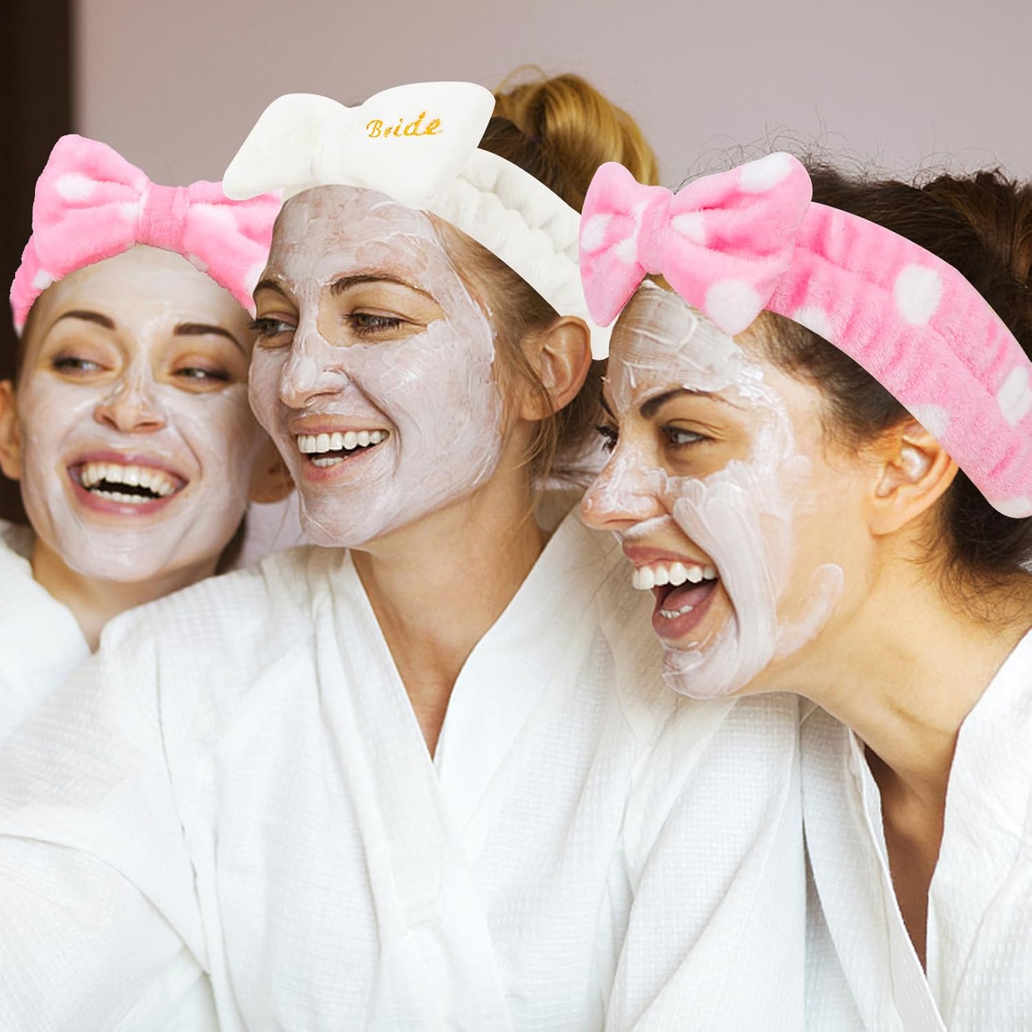 Semato Bachelorette Party Favor Set - Bride & Bridesmaid Spa Headbands with Cute Bows (1 Bride + 7 Pink Dot)