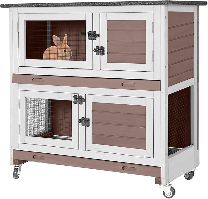 2-Story Rabbit Hutch Indoor Bunny Cage Wooden Guinea Pig House with Chew-Proof Ramp, Leakproof Slide-Out Trays, Lockable Caster Wheels for 1-3 Rabbits (Brown)-PawvioPets