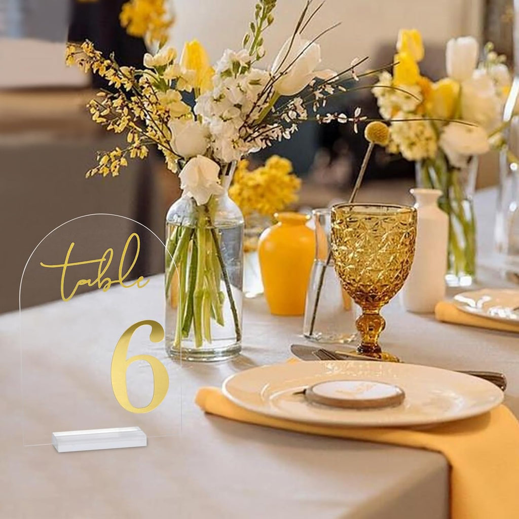 Wedding Table Numbers 1-20 with Holders, 5 x 7 Inch Transparent Acrylic Reception Table Signs Golden Letters, Number Cards for Party, Restaurant