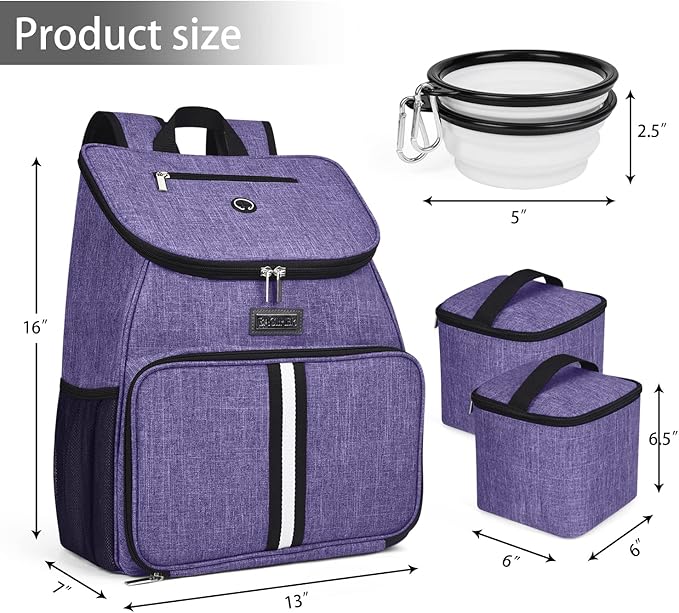 BAGLHER丨Dog Travel Bag, Airline Approved Pet Supplies Backpack, Dog Travel Backpack Accessories Set with 2 Silicone Collapsible Bowls and 2 Food Baskets. Purple-PawvioPets