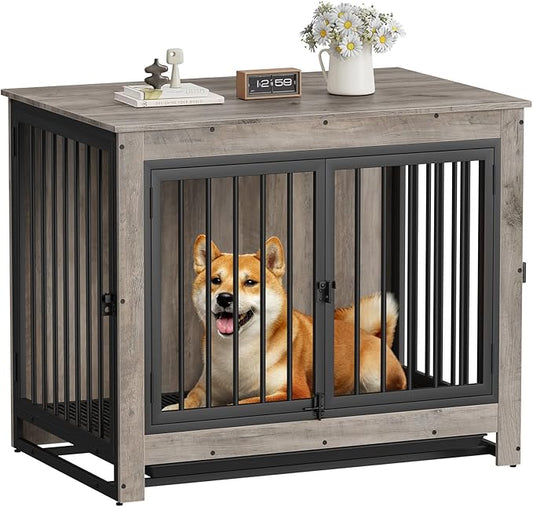 Dog Crate Furniture, Dog Crate End Table for Medium and Large Dogs,Wooden Cage Kennel Furniture Indoor, Modern Dog Crate with Multi-Purpose Removable Tray, Double-Doors Dog Furniture-PawvioPets
