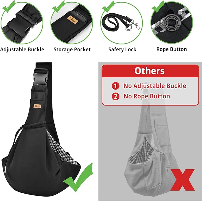 CUBY Dog and Cat Sling Carrier, Hand-Free Dog Carrier Slings with Adjustable Straps Pocker, Puppy Slings Carrier for Small Dogs Cats Outdoor Travel Bag(Black, M-Adjustable Strap)-PawvioPets