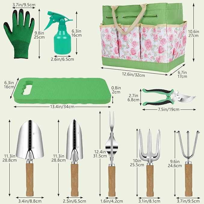 Garden Tool Set,10 Piece Garden Kit,Heavy Duty Stainless Steel Gardening Hand Tools with Durable Storage Tote,Rust-Proof Garden Tools,Gardening Gifts for Women Men Pink Floral Pattern Design-PawvioPets