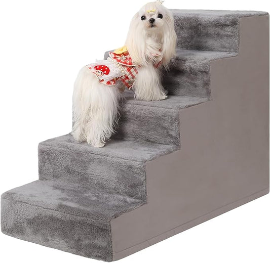 Dog Stairs for Small Dogs,22" 5-Step Pet Stairs for High Beds and Couches，Dog Steps with Non-Slip Bottom and High-Density Foam Indoor Outdoor,Grey-PawvioPets