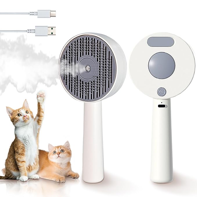 3 in 1 Cat Steam Brush, Self-Cleaning Anti-Static Pet Spray Hair Removal Comb for Cats with Release Button and Tank, Rechargeable Steam Brush for Shedding, Massage and Cleaning-PawvioPets