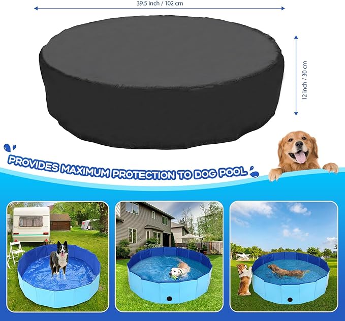 39.5 inch Foldable Dog Pet Bath Pool Cover, Portable Round Collapsible Pool Cover with Oxford Cloth Material and Drawstring Design for Dog Pet Pool, Waterproof and Dustproof (Black)-PawvioPets