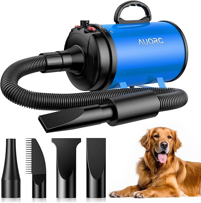Dog Dryer, 5.2HP/3800W High Velocity Dog Hair Dryer with 4 Nozzles, Stepless Adjustable Speed & Temperature Control, Low Noise Professional Dog Grooming Dryer (Blue)-PawvioPets