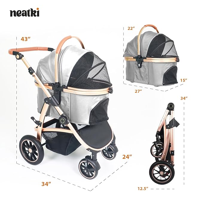 3 in 1 Pet Stroller - Stroller for Small to Medium Dogs and Cats up to 55 lbs, with Detachable Carrier/Car Seat, Foldable and Lightweight, Detachable Cushion + Cup Holder (Gray)-PawvioPets