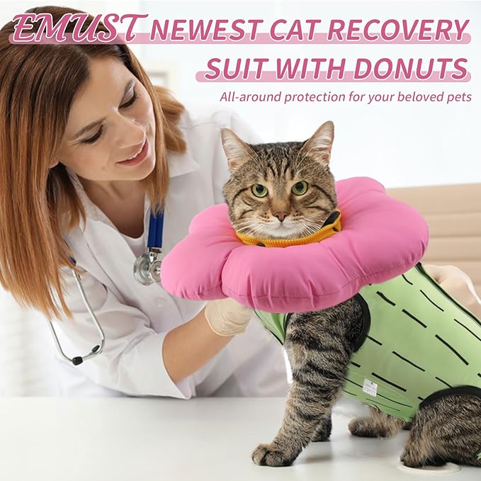EMUST Cute Cat Recovery Suit and Adjustable Flower Cone Collar Set - Soft Surgical Suit for Abdominal Wounds, Cat Cones After Surgery for Female Kittens Under 4lb (Green)-PawvioPets