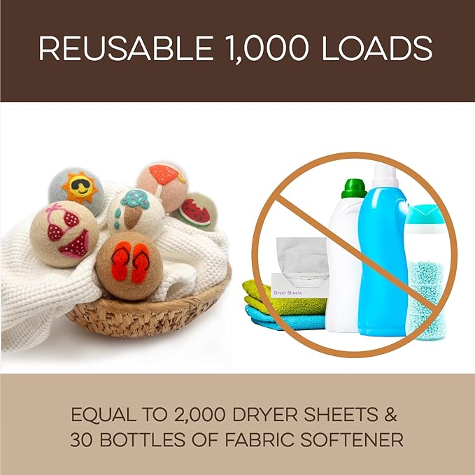 Fluff Ewes Wool Dryer Balls 6 Pack Premium New Zealand Wool Laundry Balls for Dryer, No Static Dryer Balls Laundry Reusable, XL Wool Dryer Balls Cute, Baby Dryer Balls for Dryers - Fun in The Sun-PawvioPets