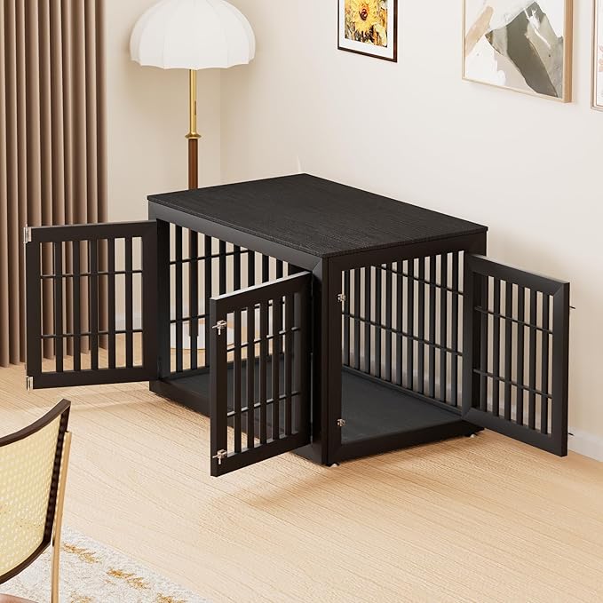 48" Heavy Duty Dog Crate Furniture for Small,Medium and Large Dogs,Rustic Wooden Dog Cage Kennel Indoor Furniture with Waterproof Top,Decorative Pet House Side End Table (Black)-PawvioPets