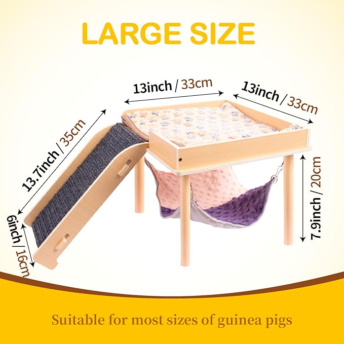 Enlarged Guinea Pig Hammock with Platform and Stairs,Wooden Small Animal Hideout for Guinea Pigs Bunny Ferret Hamster Hiding Sleeping Activities(Single)-PawvioPets