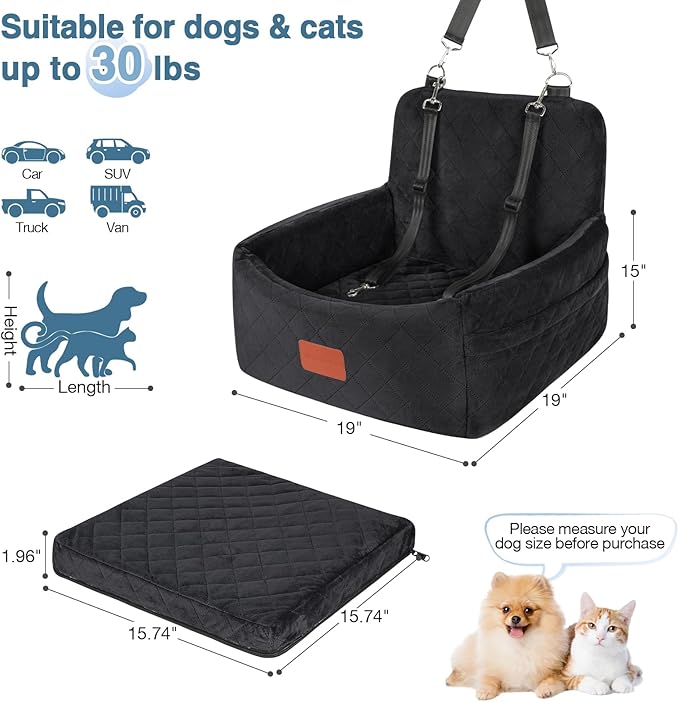 Dog Car Seat for Small Dogs Under 30lbs, Washable Pet Travel Car Bed with Memory Foam,Fully Detachable Cover,2 Storage Pockets & Safety Leash,Non-Slip Bottom(Black)-PawvioPets