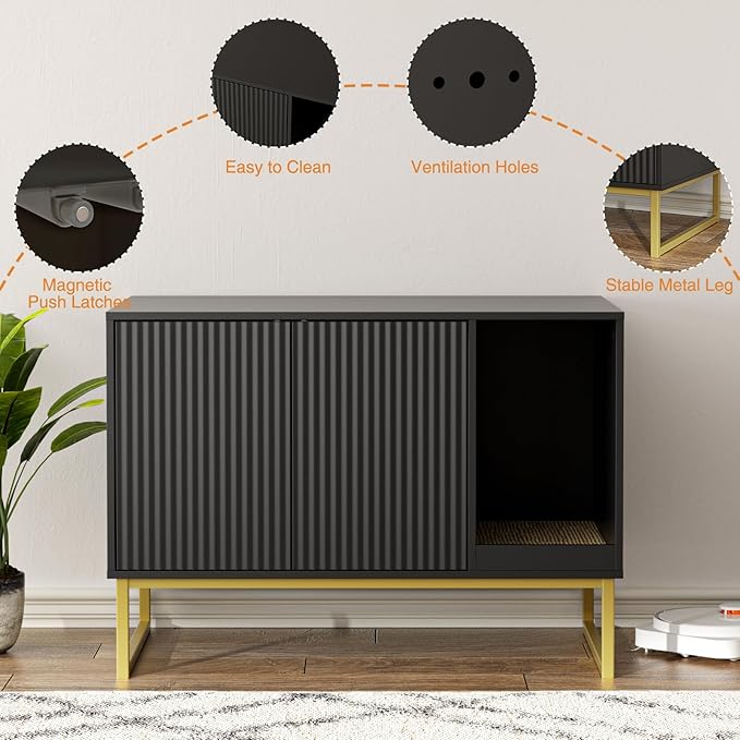Cat Litter Box Enclosure, Fluted Hidden Litter Box Furniture with Scratch Pad and Metal Legs, Modern Enclosed Cat Cabinet, 31.5 x 17.7 x 21.7 Inches Indoor Pet House for Living Room, Washroom, Black-PawvioPets