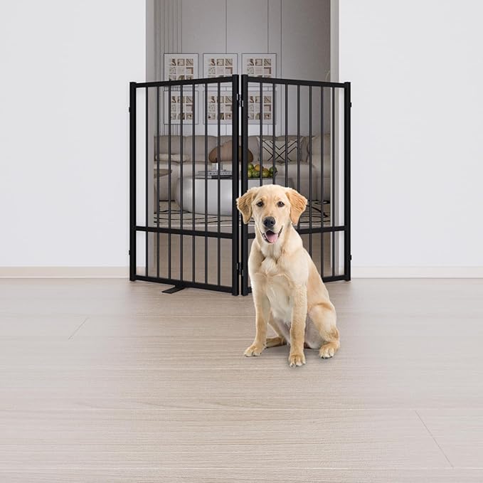 Full Metal Freestanding Dog Gate with Door, 32''Height Foldable Pet Dog Fence for Indoor & Outdoor, 2 Panels Extra Wide Free Standing TallDog Gates for Doorways,House,Stairs,Porch,Deck,Yard-PawvioPets