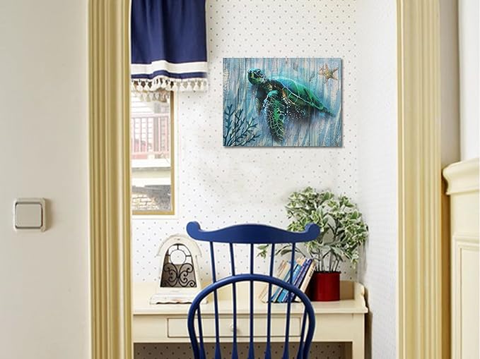 Arjun Bathroom Decor Blue Wall Art Canvas Green Sea Turtle Teal Submarine Picture, Blue Modern Landscape Painting Framed for Living Room Bedroom Home Office Wall Decor, 16"x12"-PawvioPets