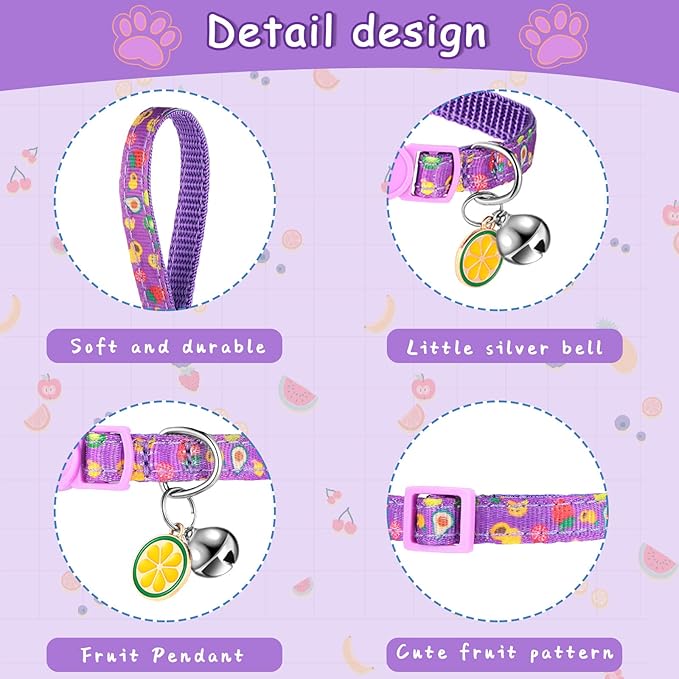 Frienda 12 Pcs Spring Summer Breakaway Cats Collars Girl Cat Safety Adjustable Collars with Bell and Summer Fruit Patterns Pendants Set for Pets Decoration(Medium)-PawvioPets