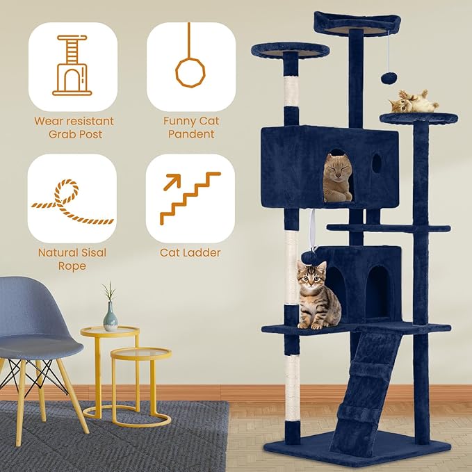 54.7 inches Cat Tower - Multi-Level Cat Condo with Scratching Posts, Hanging Toys, Navy Blue-PawvioPets