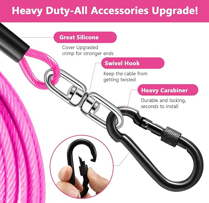Dog Tie Out Cable 30FT-500Lbs,Heavy Duty Dog Leads Line for Yard with Swivel Hook,Medium Large Dogs Leash&Chains for Outside,Rust Chew Proof Dogs Run Cable for Outdoor Camping (Pink, 30FT)-PawvioPets