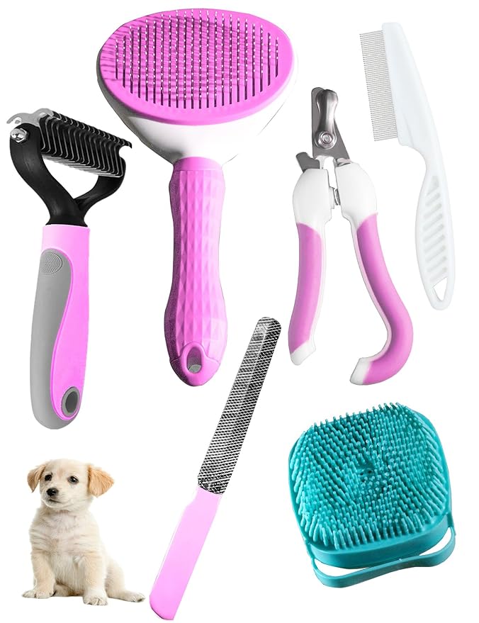 6ps Dog Cat Brush Grooming Kitf, Dog Cat Brushes, Bath Brush, Dematting Rake and Comb, Nail Clipper, Nail File, Flea Comb (Pink 6 Kits)-PawvioPets