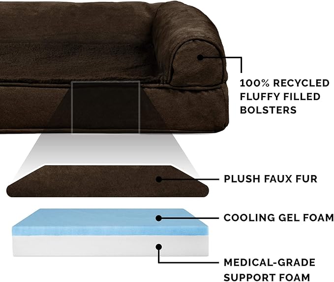 Furhaven Cooling Gel Dog Bed for Large Dogs w/ Removable Bolsters & Washable Cover, For Dogs Up to 125 lbs - Plush & Suede Sofa - Espresso, Jumbo Plus/XXL-PawvioPets