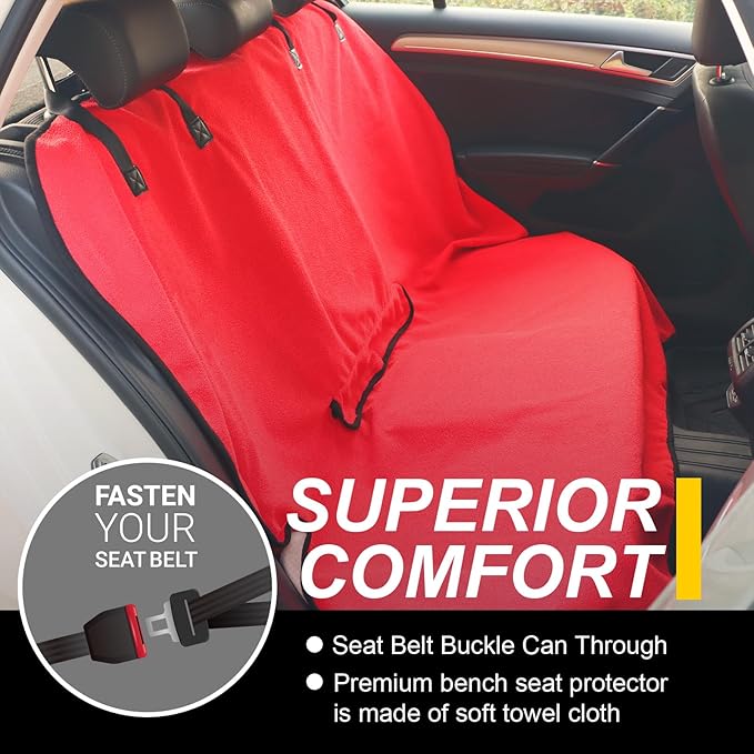 Back Seat Cover for Car Trucks Van SUV,Waterproof Rear Bench Towel Seat Covers for Dogs and Kids,Automotive Backseat Protector (Red)-PawvioPets