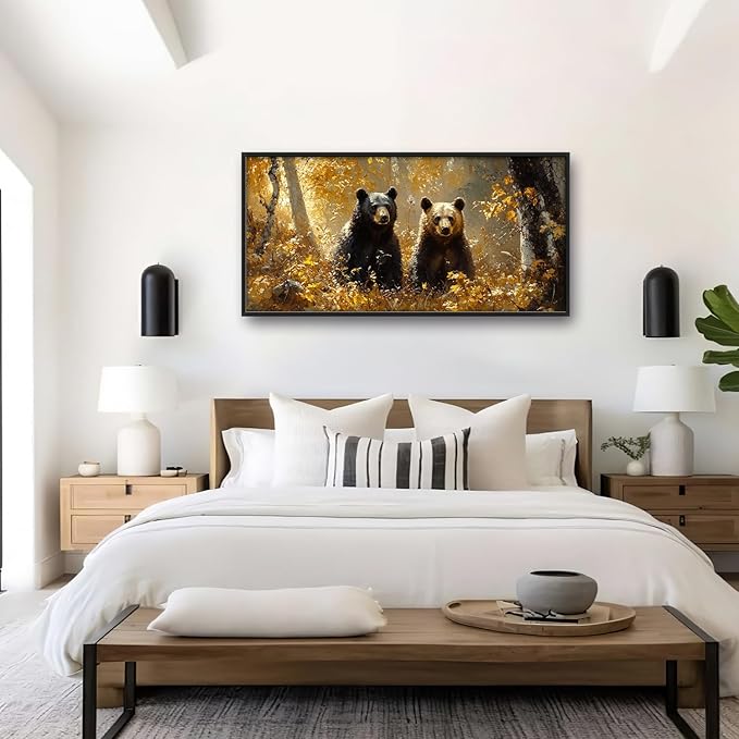Large Forest Bear Wall Art for Living Room, Black Bear Autumn Canvas Oversized Wall Decor, Wildlife Framed Pictures Painting Print Artwork for Bedroom Office 60L" x 30W"-PawvioPets