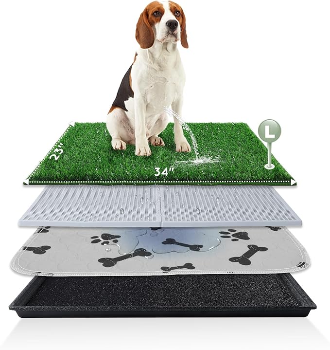 Dog Grass Pad with Tray Large 34’’×23’’, Ultra-Absorbent Artificial Grass Pad for Dogs Potty Grass Hemmed Edge for Indoor Potty Training, Reusable Dogs Pee Pads, Dog Litter Box for Balcony-PawvioPets