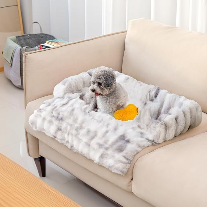 FUNNY FUZZY Pet Fluffy Fuzzy Couch Cover, Calming Washable Dog Bed Sofa Protector Pets Mat for Small Dogs and Cats (Tie-dye Grey,27.56 × 24.02 × 5.51 in)-PawvioPets