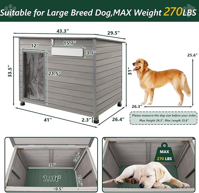 43.3" L Dog House Outdoor for Large Breeds Dogs Anti Chewing Iron Frames Dog Kennel Wooden Pet Houses for Indoor Outdoor with Weatherproof Roof,6 Elevated Feet, Reinforced Bottom Support-PawvioPets
