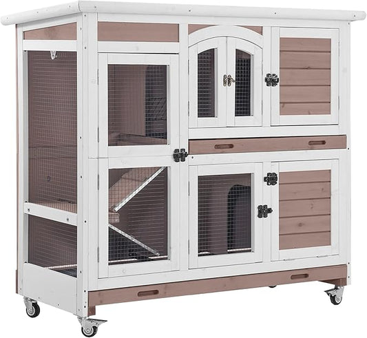 Aivituvin Rabbit Hutch Bunny Cage with Wheels Indoor Outdoor 47" Two Story Guinea Pig Cage with 2 Deep No Leak Tray-PawvioPets
